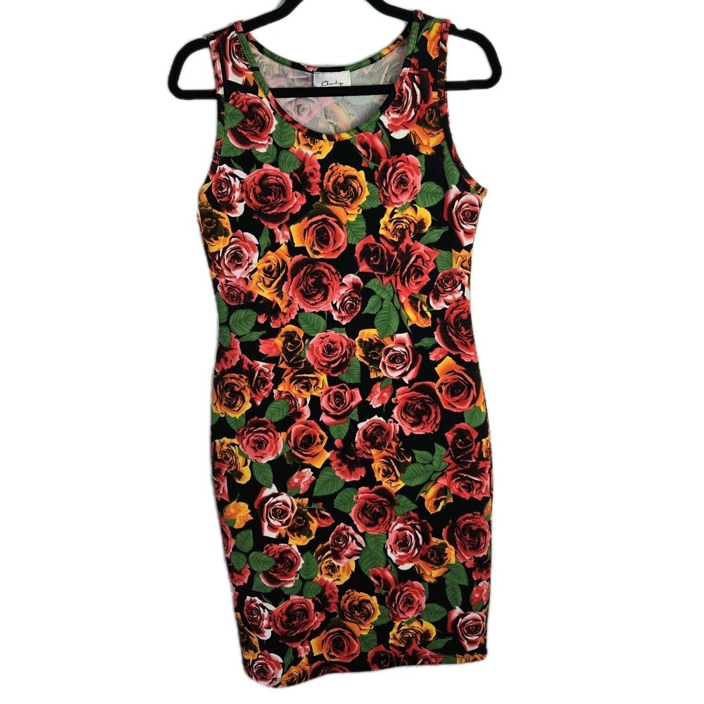 Vtg 90s Y2K Chesley Dark Floral Bodycon Tank Dress Large Vamp Whimsigoth Rose